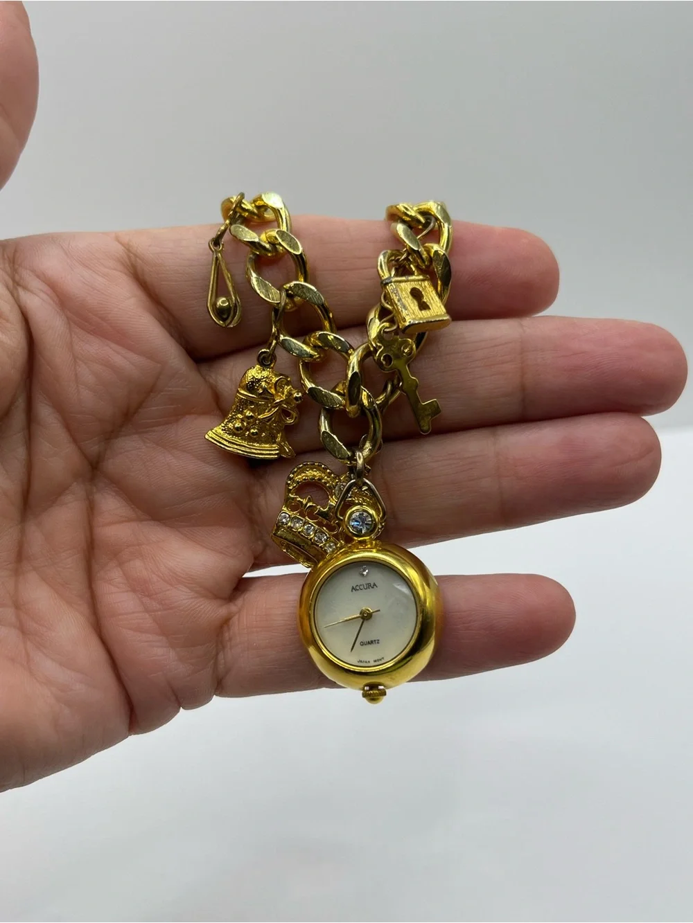 Gold Charm Bracelet Watch with Decorative Charms Crown Hearts Key  Charms